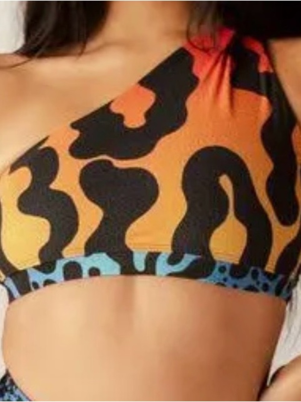Asymmetrical Orange & Black Print One-Shoulder sports bra size Medium